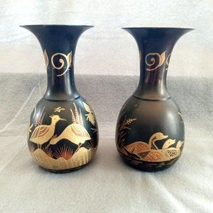 Vintage Vase Lot Of 2 Etched Solid Brass Decorative  Black and Gold Ducks  India
